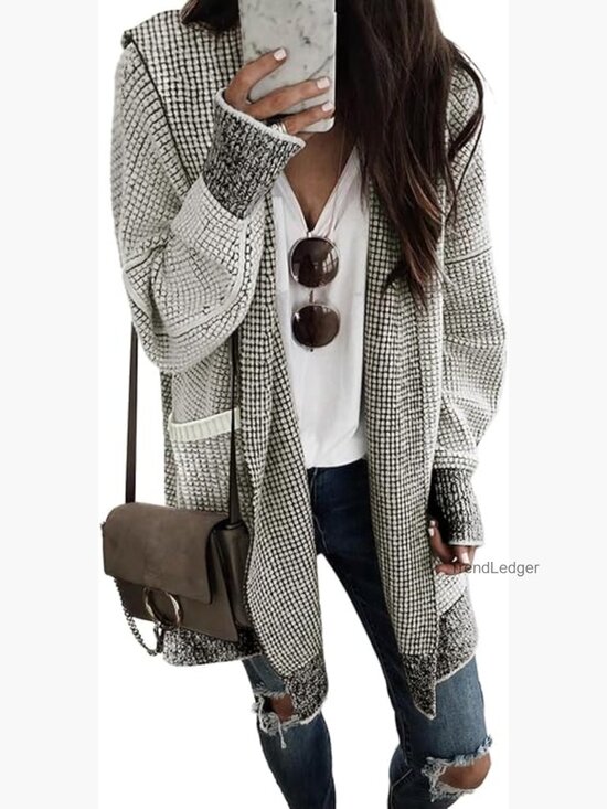 Sweaters - Oversized Hooded Cardigan Sweater Open Front Chunky Knit Plaid Coat